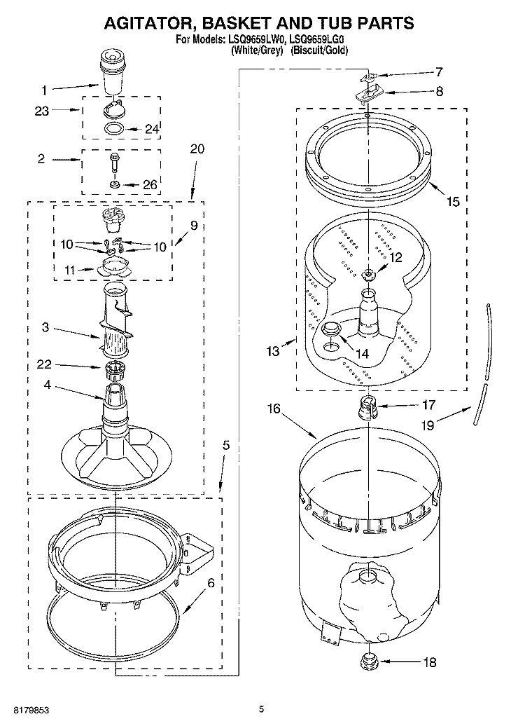 AGITATOR, BASKET AND TUB Diagram and Parts List for LSQ9659LW0  Whirlpool Washer