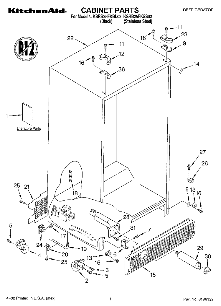 CABINET, LITERATURE Diagram and Parts List for KSRS25FKBL02  KitchenAid Refrigerator