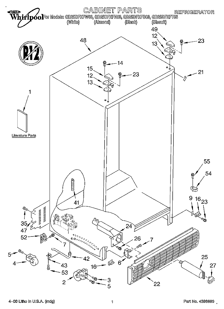 CABINET, LITERATURE Diagram and Parts List for GD25DFXFB03  Whirlpool Refrigerator