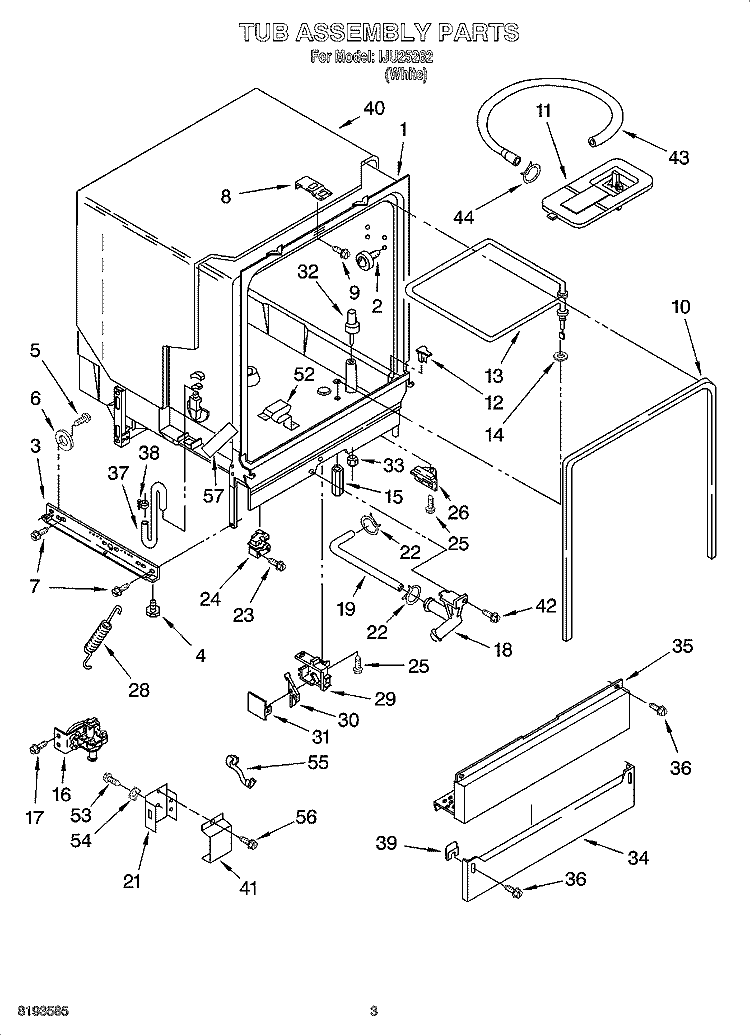 TUB ASSEMBLY PARTS Diagram and Parts List for IJU25262  Inglis Dishwasher