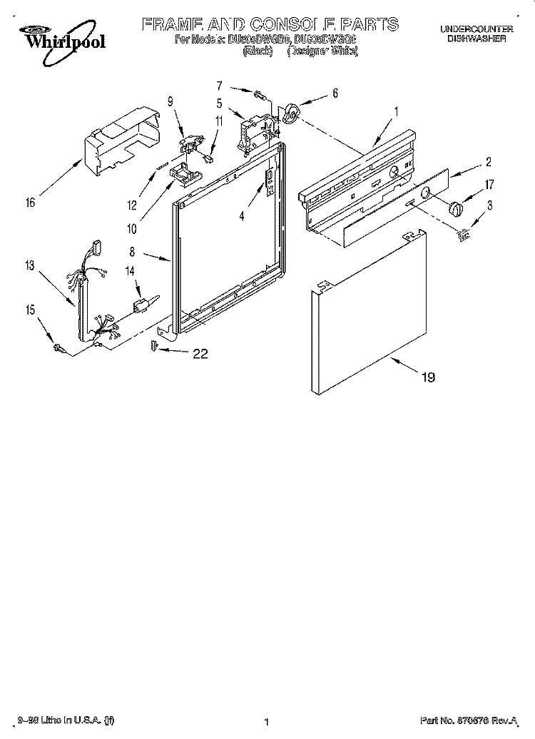 FRAME AND CONSOLE Diagram and Parts List for DU805DWGB0  Whirlpool Dishwasher