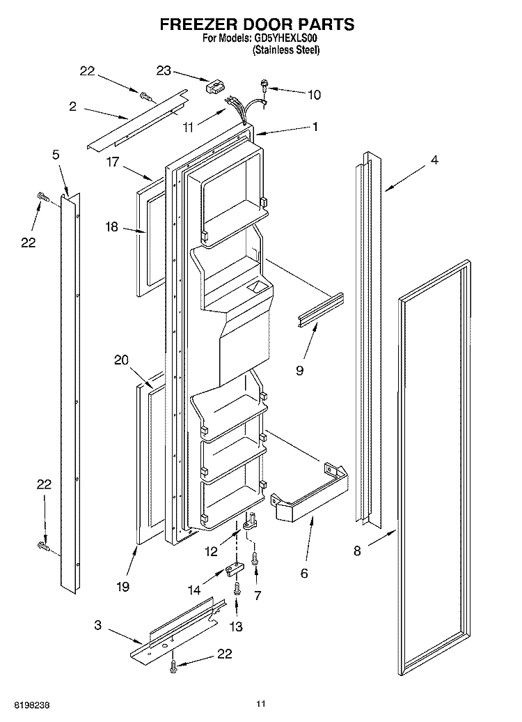 FREEZER DOOR Diagram and Parts List for GD5YHEXLS00  Whirlpool Refrigerator