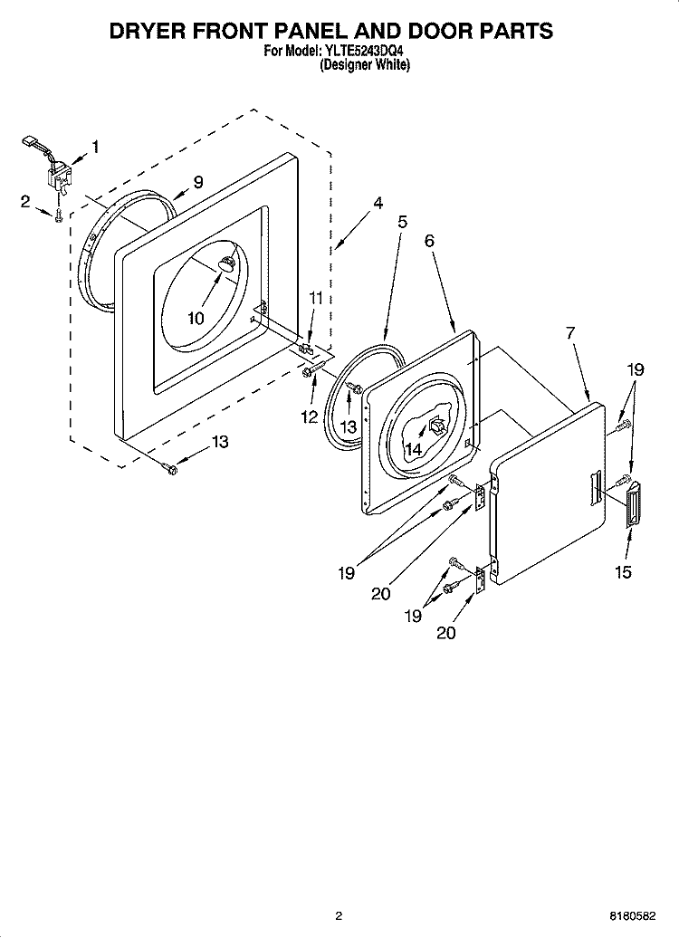 DRYER FRONT PANEL AND DOOR PARTS Diagram and Parts List for YLTE5243DQ4  Whirlpool Washer Dryer Combo