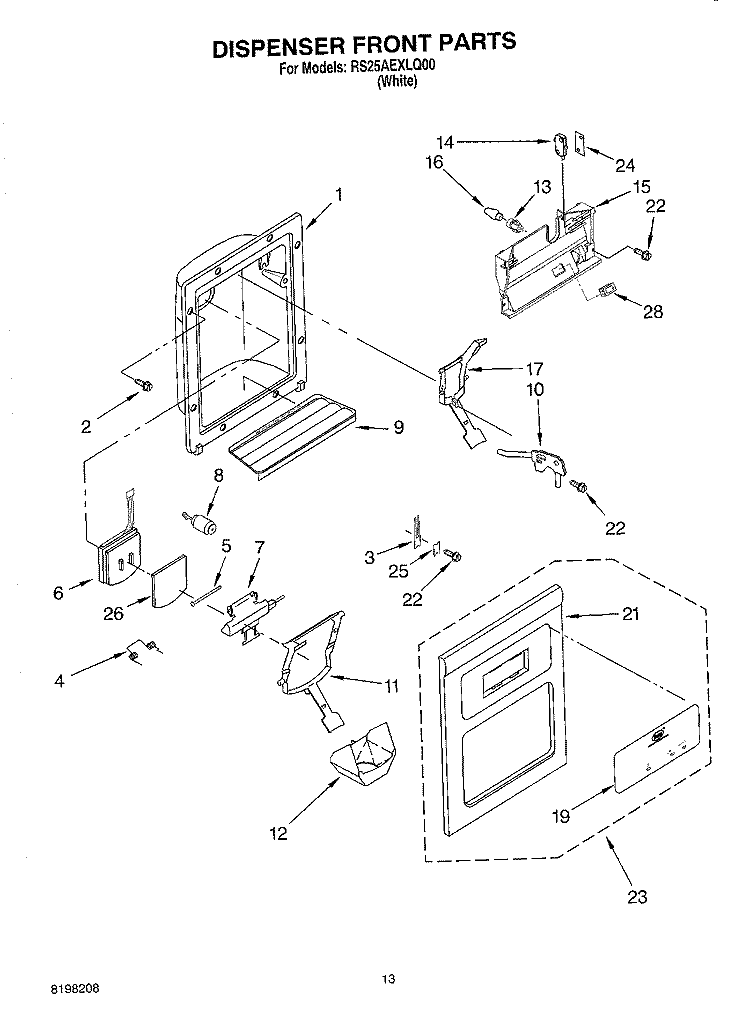 DISPENSER FRONT PARTS Diagram and Parts List for RS25AEXLQ00  Roper Refrigerator