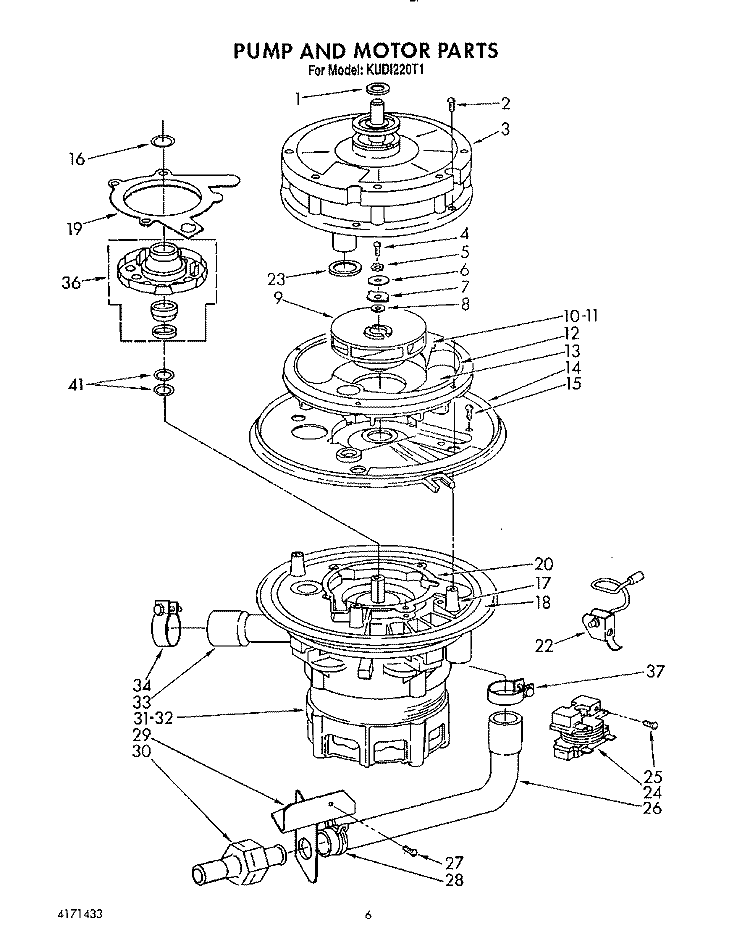 PUMP AND MOTOR Diagram and Parts List for KUDI220T1  KitchenAid Dishwasher