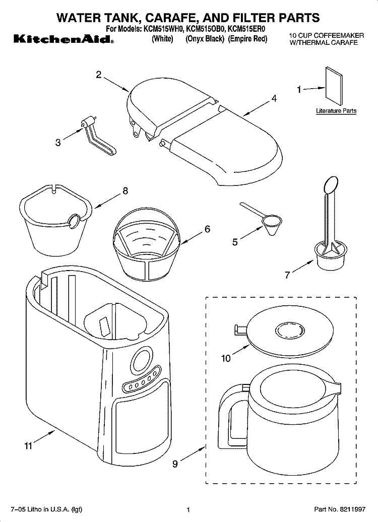 WATER TANK, CARAFE, AND FILTER PARTS Diagram and Parts List for KCM515WH0  KitchenAid Coffee Maker