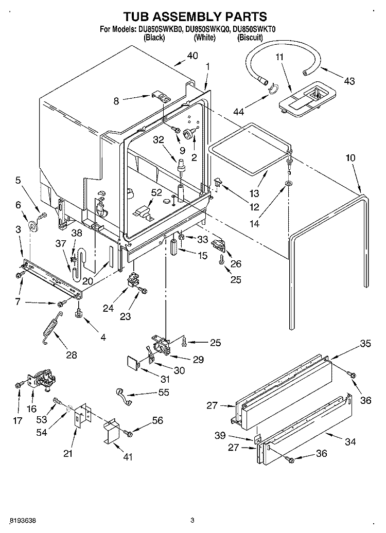 TUB ASSEMBLY Diagram and Parts List for DU850SWKQ0  Whirlpool Dishwasher