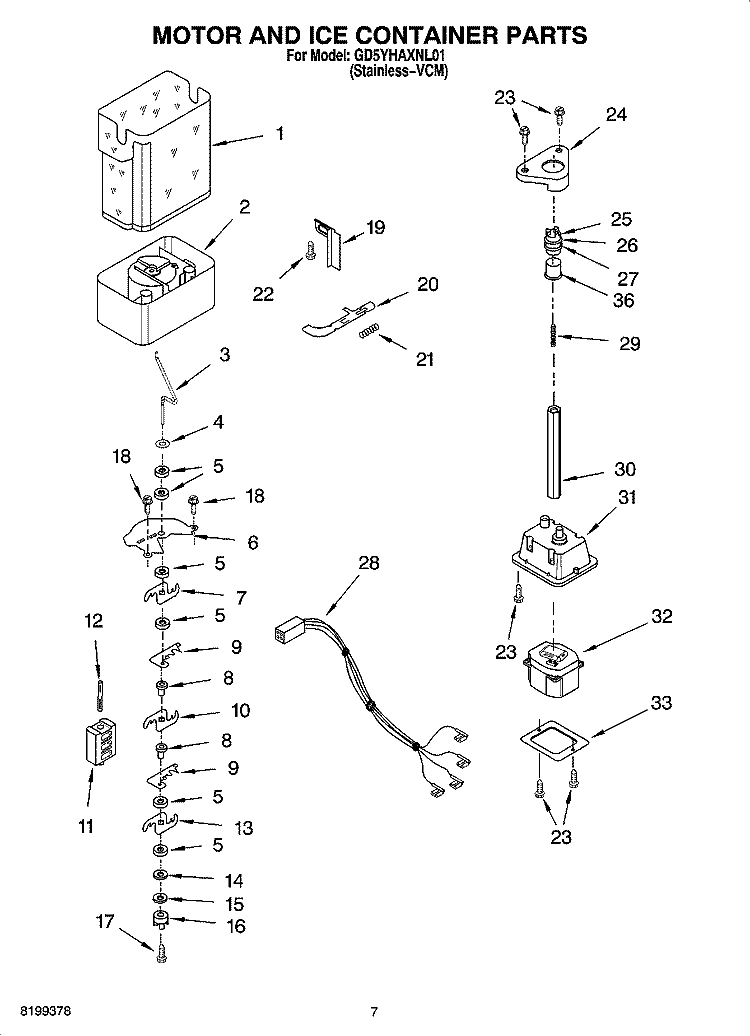 MOTOR AND ICE CONTAINER PARTS Diagram and Parts List for GD5YHAXNL01  Whirlpool Refrigerator