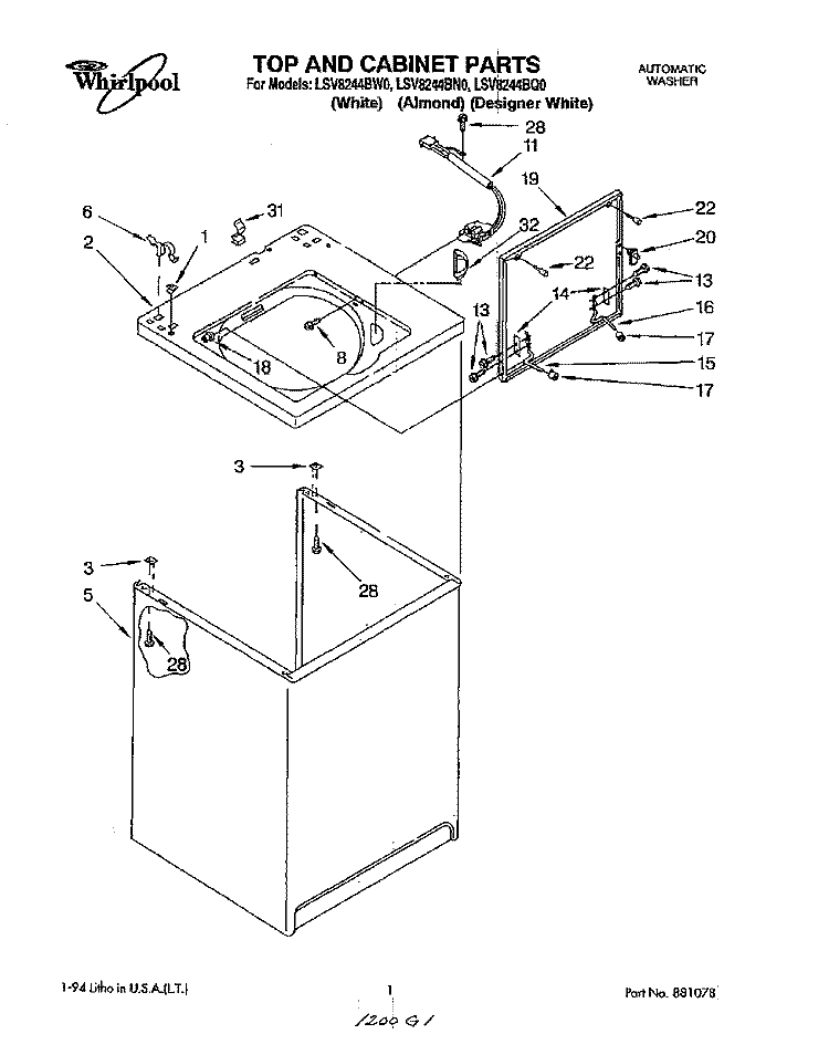TOP AND CABINET, LIT/OPTIONAL Diagram and Parts List for LSV8244BN0  Whirlpool Washer