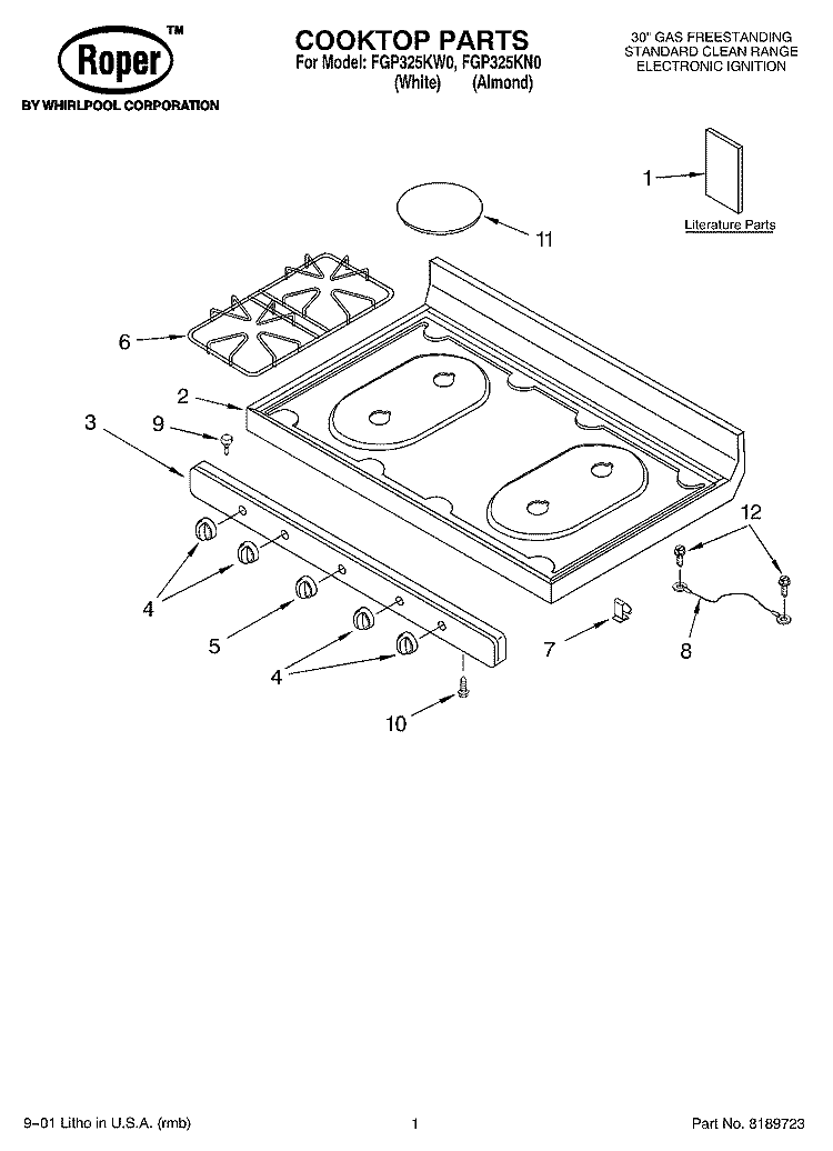 COOKTOP, LITERATURE Diagram and Parts List for FGP325KN0  Roper Range