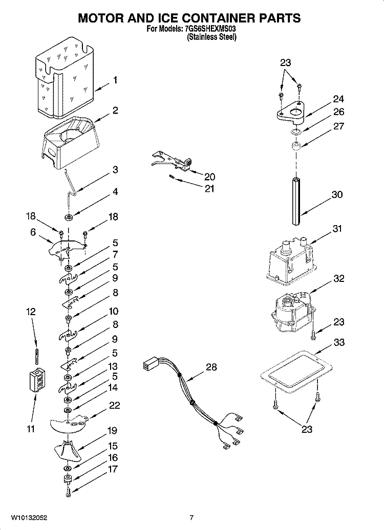 MOTOR AND ICE CONTAINER PARTS Diagram and Parts List for 7GS6SHEXMS03  Whirlpool Refrigerator