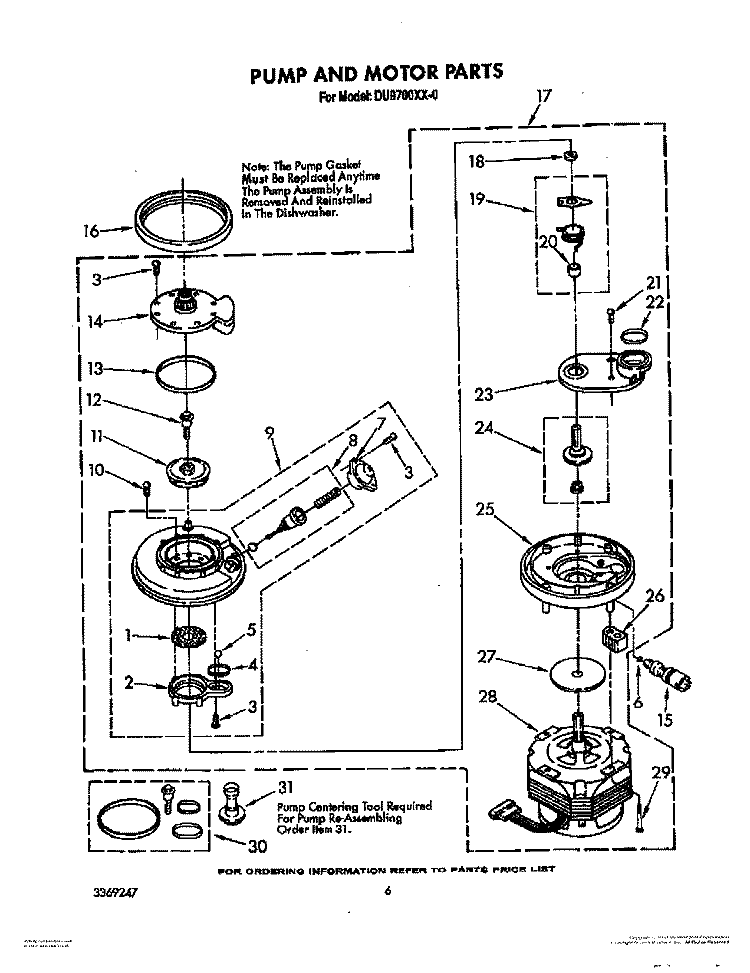 PUMP AND MOTOR Diagram and Parts List for DU9700XX0  Whirlpool Dishwasher