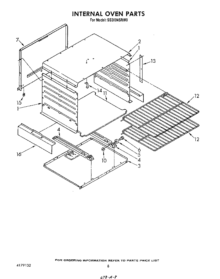 INTERNAL OVEN Diagram and Parts List for SS3004SRW0  Whirlpool Range