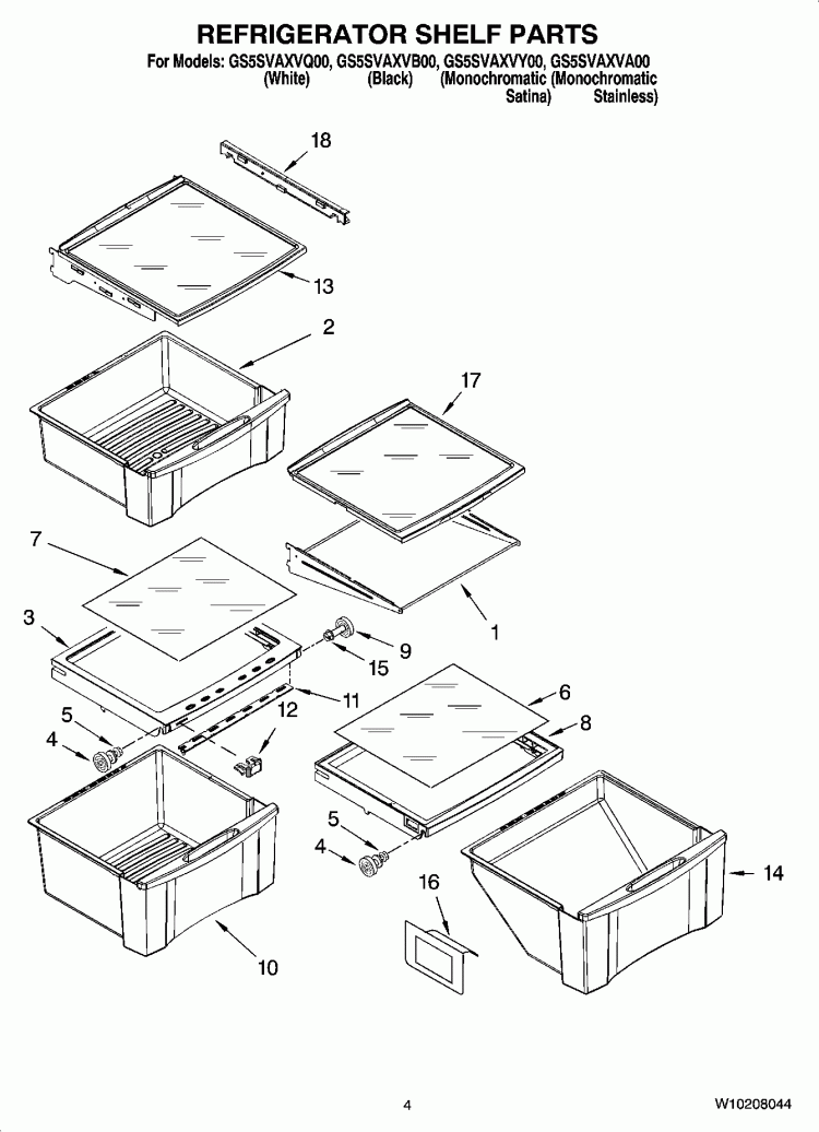 REFRIGERATOR SHELF PARTS Diagram and Parts List for GS5SVAXVB00  Whirlpool Refrigerator