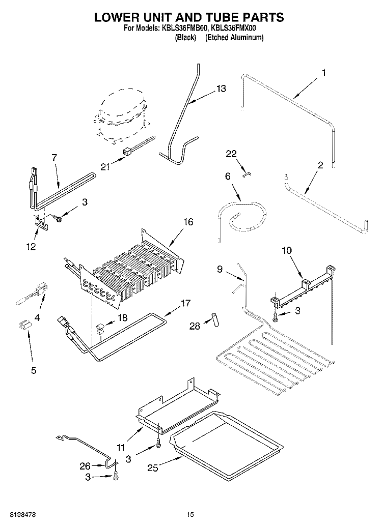 LOWER UNIT AND TUBE PARTS Diagram and Parts List for KBLS36FMX00  KitchenAid Refrigerator