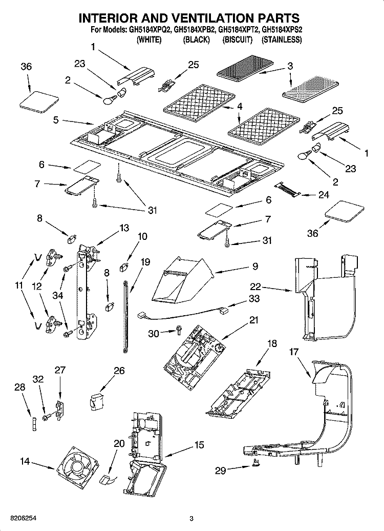 INTERIOR AND VENTILATION PARTS Diagram and Parts List for GH5184XPQ2  Whirlpool Microwave