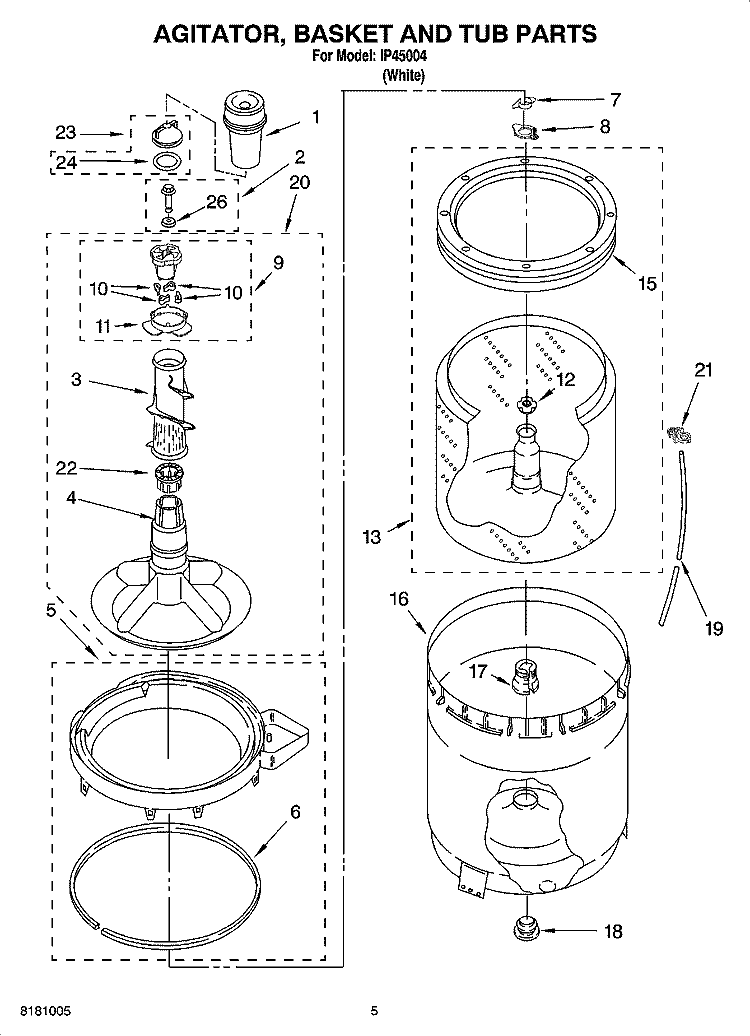 AGITATOR, BASKET AND TUB PARTS Diagram and Parts List for IP45004  Inglis Washer