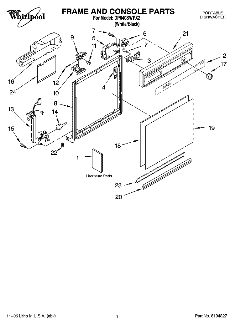 FRAME AND CONSOLE PARTS Diagram and Parts List for DP840SWPX2  Whirlpool Dishwasher