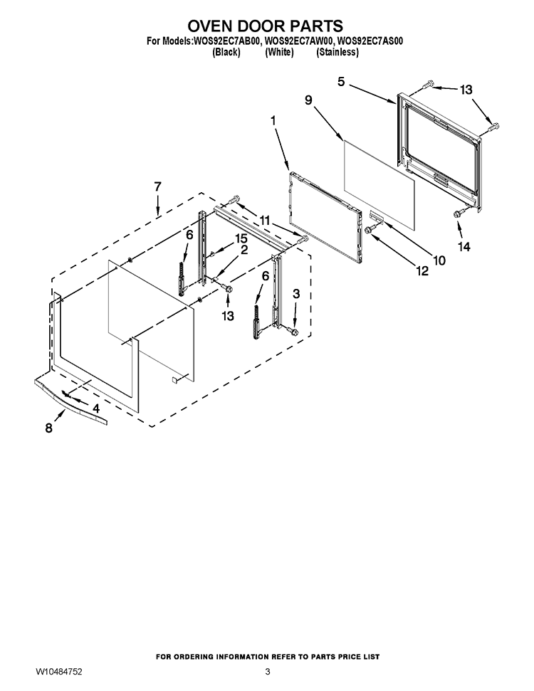 OVEN DOOR PARTS Diagram and Parts List for WOS92EC7AS00  Whirlpool Wall Oven