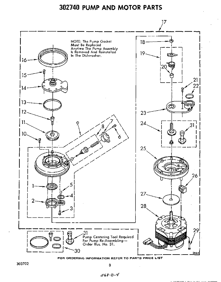 302740 PUMP AND MOTOR Diagram and Parts List for GDU3024XLW1  Whirlpool Dishwasher
