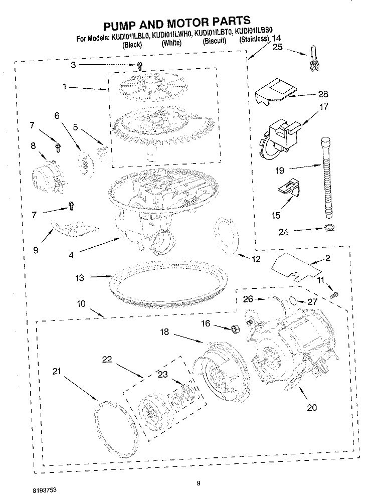PUMP AND MOTOR Diagram and Parts List for KUDI01ILSS0  Whirlpool Dishwasher