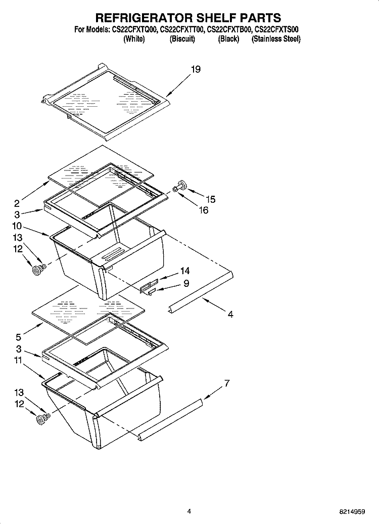 REFRIGERATOR SHELF PARTS Diagram and Parts List for CS22CFXTQ00  Crosley Refrigerator