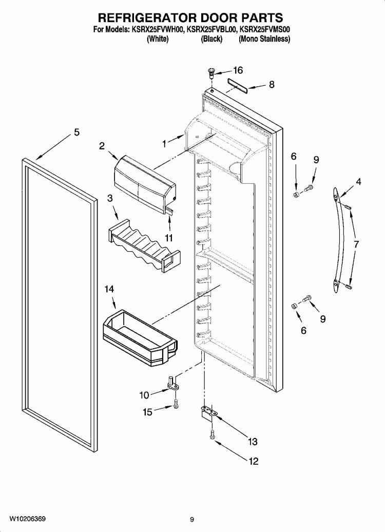 REFRIGERATOR DOOR PARTS Diagram and Parts List for KSRX25FVMS00  KitchenAid Refrigerator