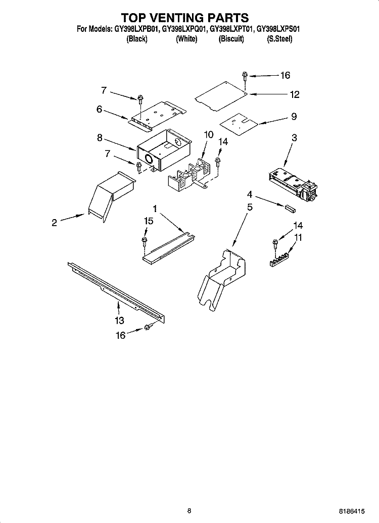 TOP VENTING PARTS, OPTIONAL PARTS Diagram and Parts List for GY398LXPT01  Whirlpool Range