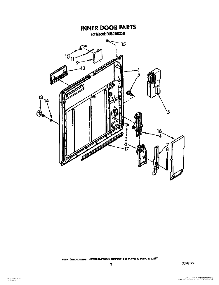INNER DOOR Diagram and Parts List for DU8016XX0  Whirlpool Dishwasher