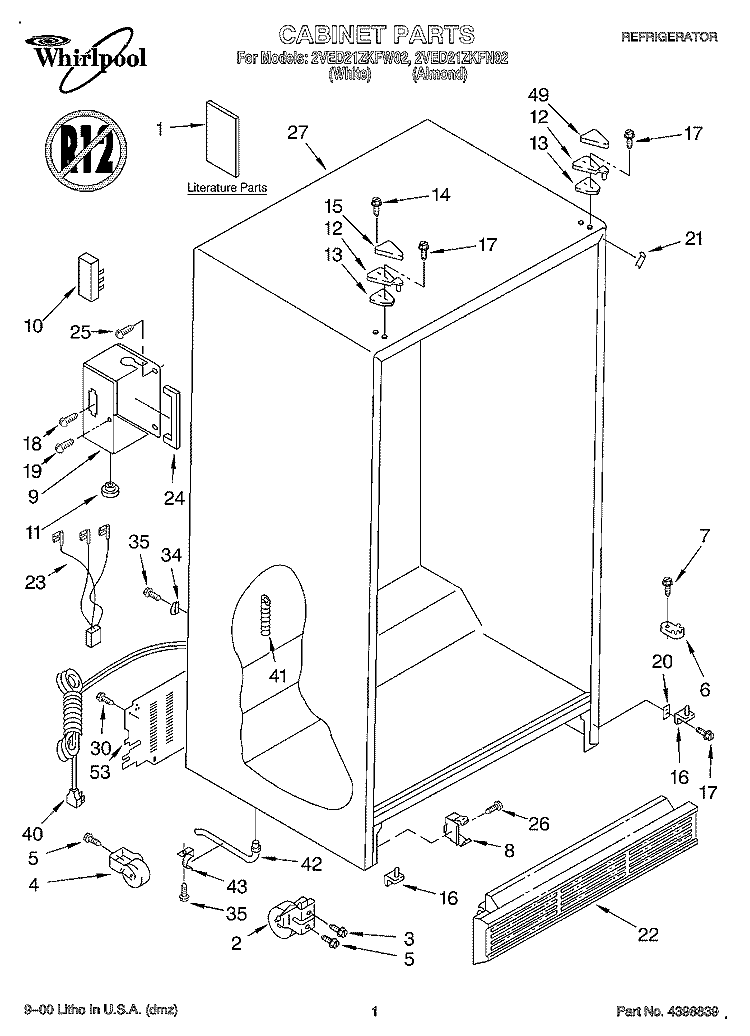 CABINET, LITERATURE Diagram and Parts List for 2VED21ZKFN02  Whirlpool Refrigerator