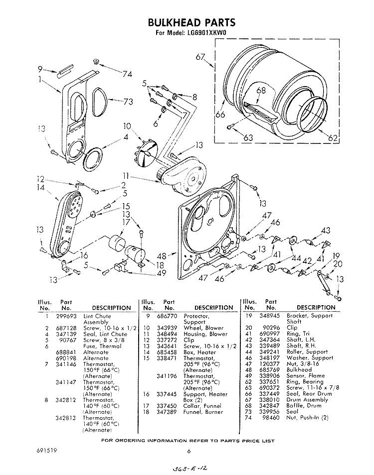 BULKHEAD Diagram and Parts List for LG6901XKW0  Whirlpool Dryer