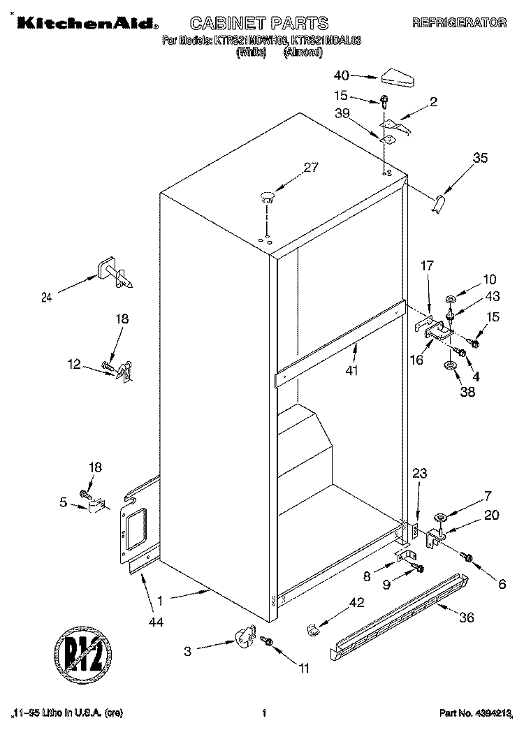 CABINET Diagram and Parts List for KTRS21MDWH03  KitchenAid Refrigerator