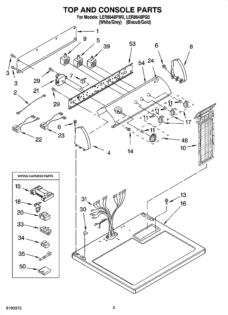 TOP AND CONSOLE PARTS OPTIONAL PARTS (NOT INCLUDED) Diagram and Parts List for LER8648PW0  Whirlpool Dryer