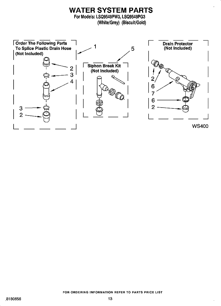 WATER SYSTEM PARTS, MISCELLANEOUS PARTS, OPTIONAL PARTS (NOT INCLUDED) Diagram and Parts List for LSQ9549PW3  Whirlpool Washer