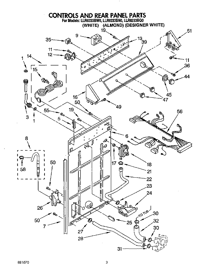 CONTROLS AND REAR PANEL Diagram and Parts List for LLR8233BN0  Whirlpool Washer