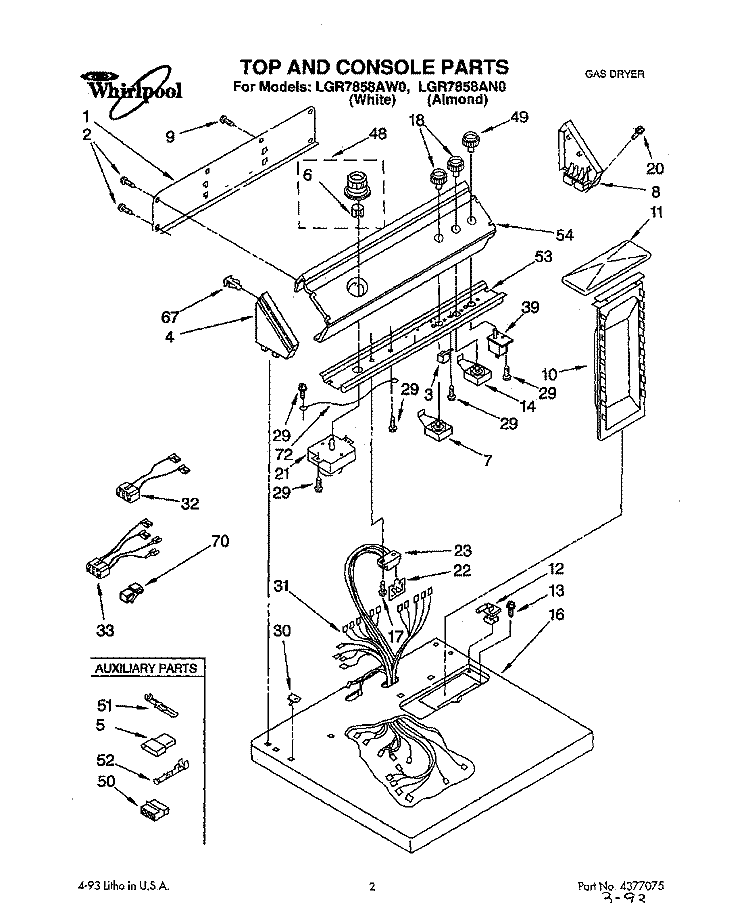 TOP AND CONSOLE, LIT/OPTIONAL Diagram and Parts List for LGR7858AN0  Whirlpool Dryer