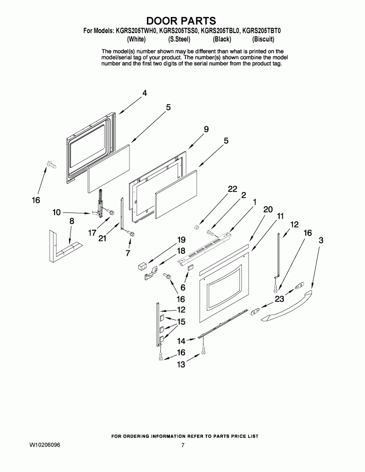 DOOR PARTS Diagram and Parts List for KGRS205TSS0  KitchenAid Range