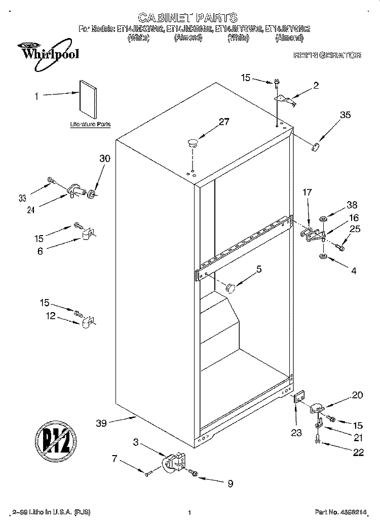 CABINET, LITERATURE Diagram and Parts List for ET14JMXGN02  Whirlpool Refrigerator