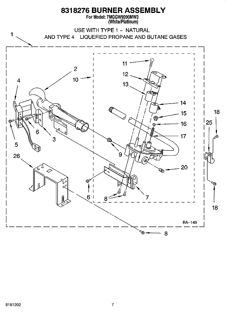 8318276 BURNER ASSEMBLY Diagram and Parts List for 7MGGW9200MW3  Whirlpool Dryer