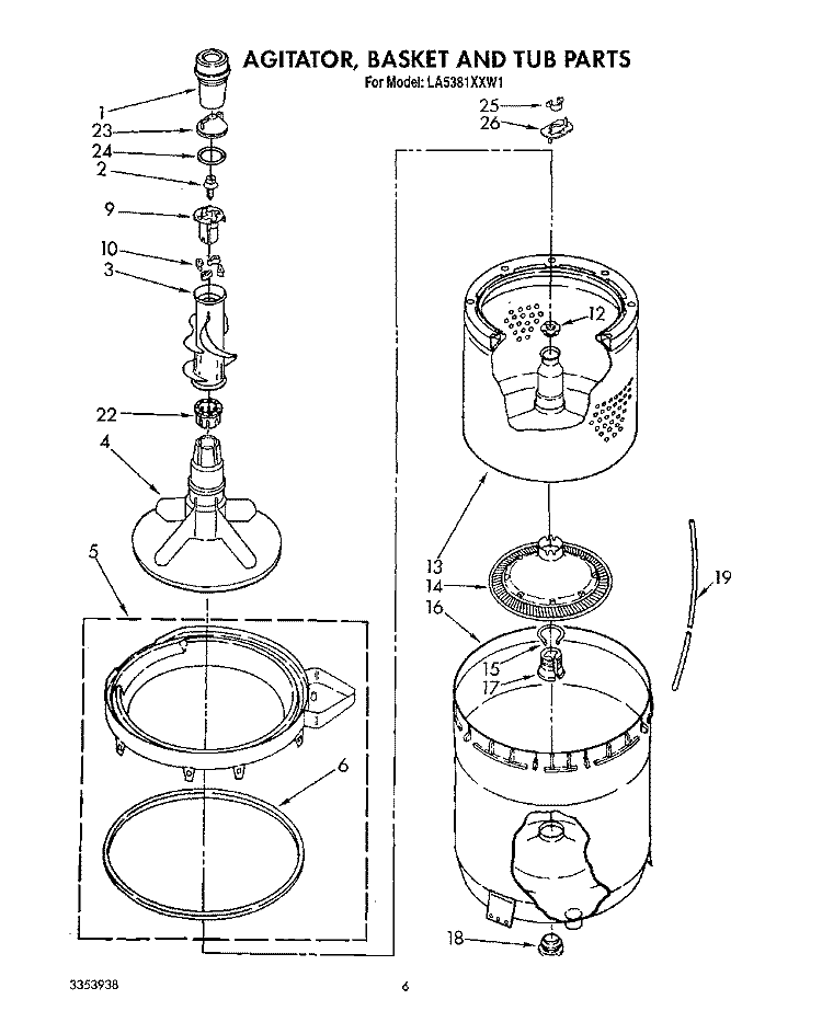 AGITATOR, BASKET AND TUB Diagram and Parts List for LA5381XXM1  Whirlpool Washer