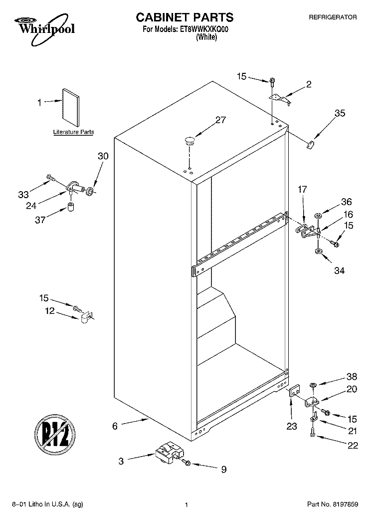 CABINET, LITERATURE Diagram and Parts List for ET8WWKXKQ00  Whirlpool Refrigerator