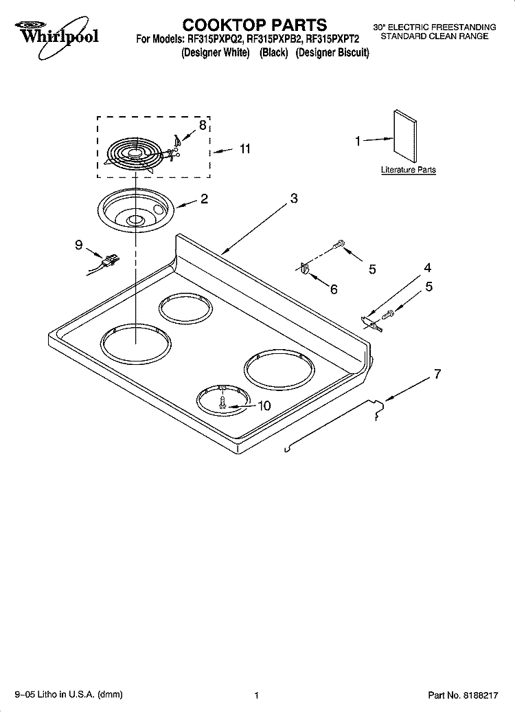COOKTOP PARTS Diagram and Parts List for RF315PXPB2  Whirlpool Range