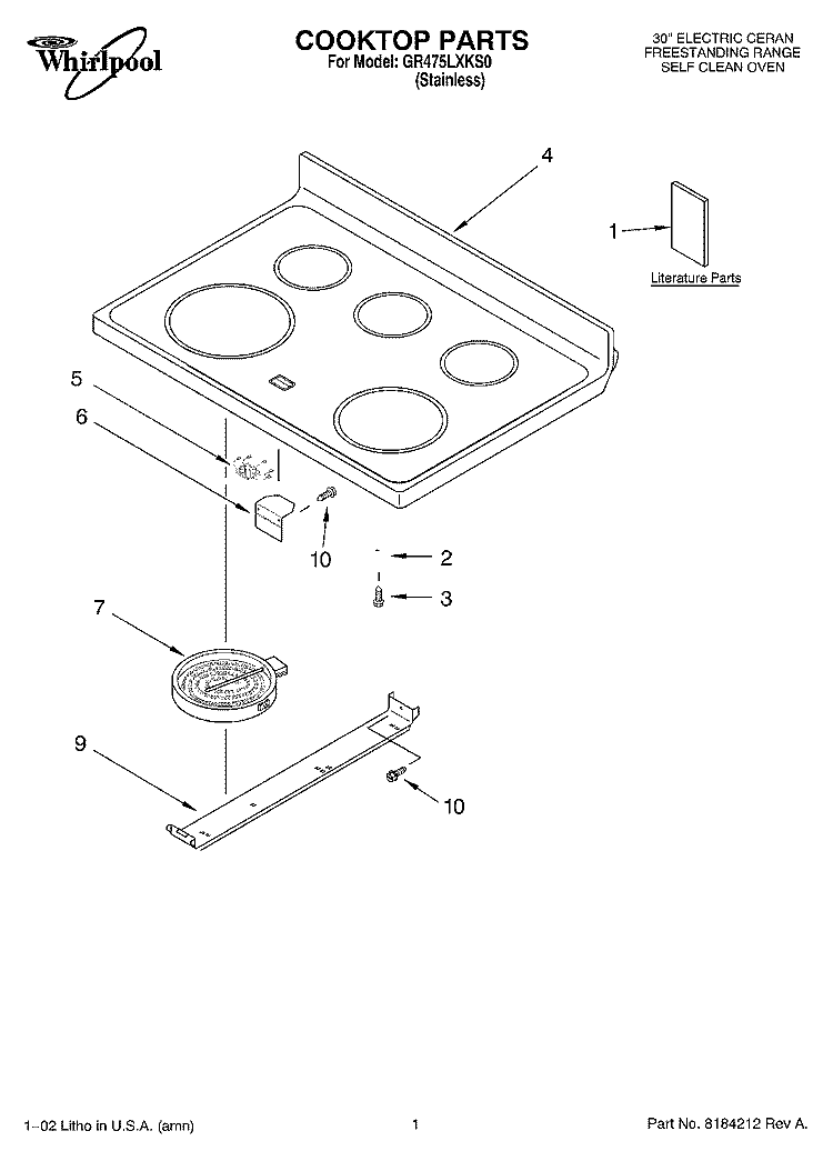 COOKTOP, LITERATURE Diagram and Parts List for GR475LXKS0  Whirlpool Range