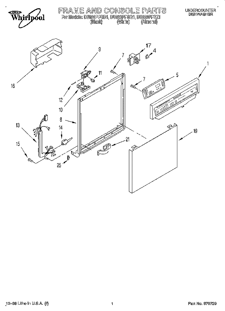 FRAME AND CONSOLE Diagram and Parts List for DU920PFGB1  Whirlpool Dishwasher