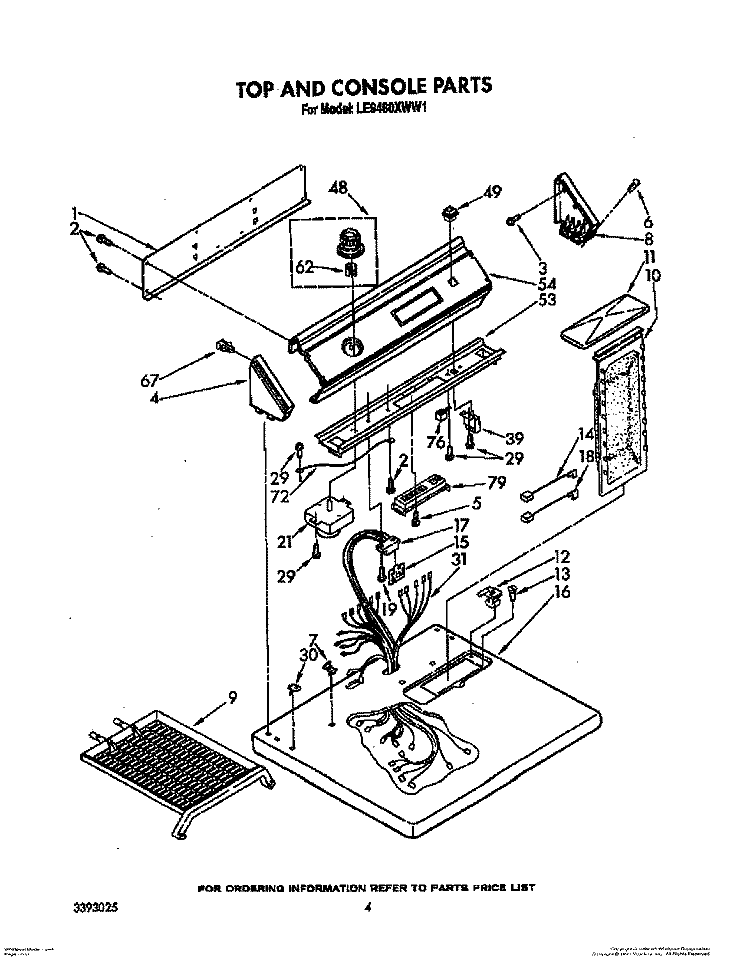 TOP AND CONSOLE PARTS Diagram and Parts List for LE9480XWW1  Whirlpool Dryer