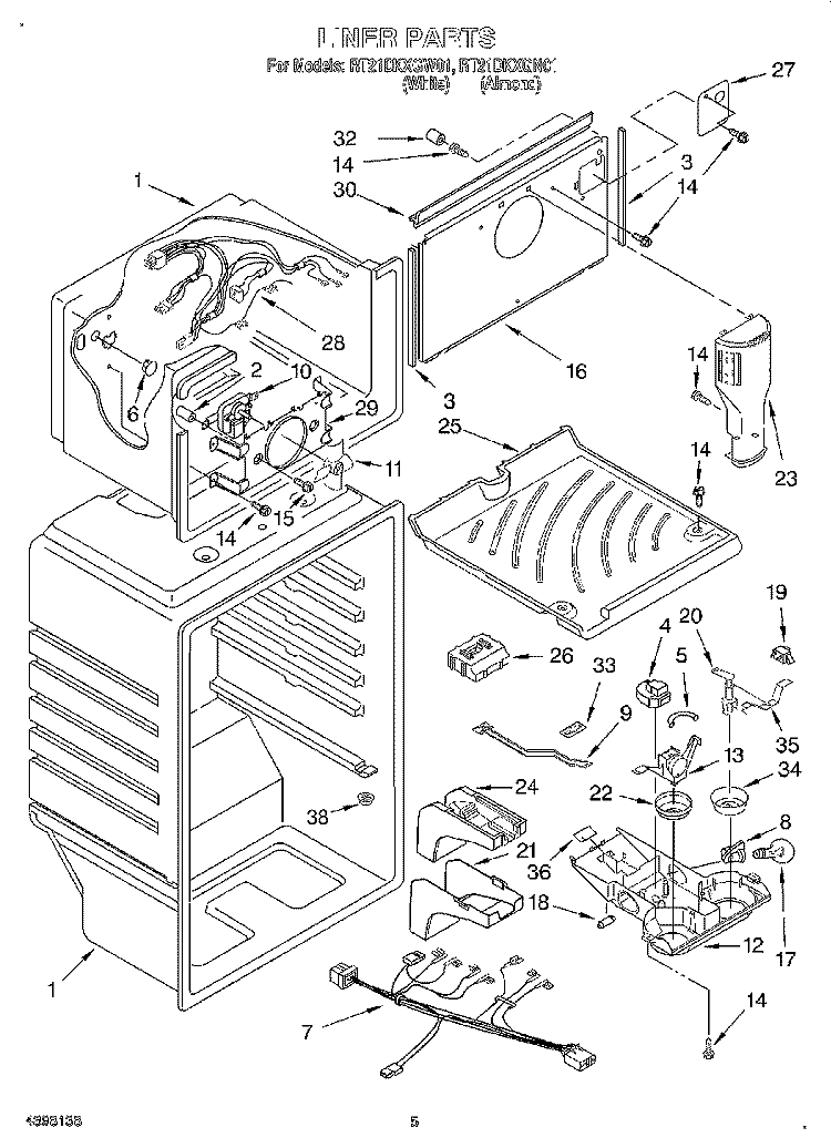 LINER Diagram and Parts List for RT21DKXGW01  Roper Refrigerator
