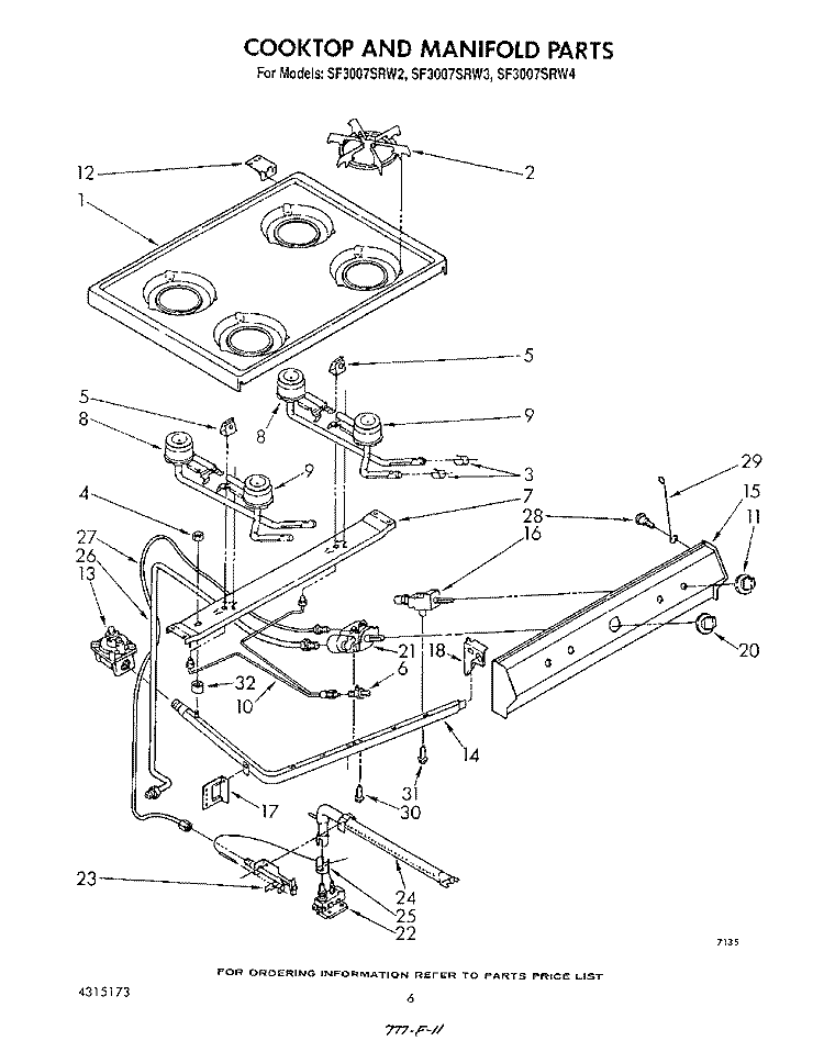 COOK TOP AND MANIFOLD , LITERATURE Diagram and Parts List for SF3007SRW4  Whirlpool Range