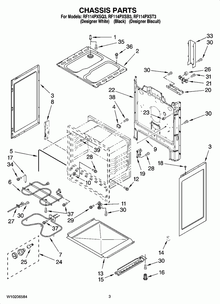 CHASSIS PARTS Diagram and Parts List for RF114PXSB3  Whirlpool Range
