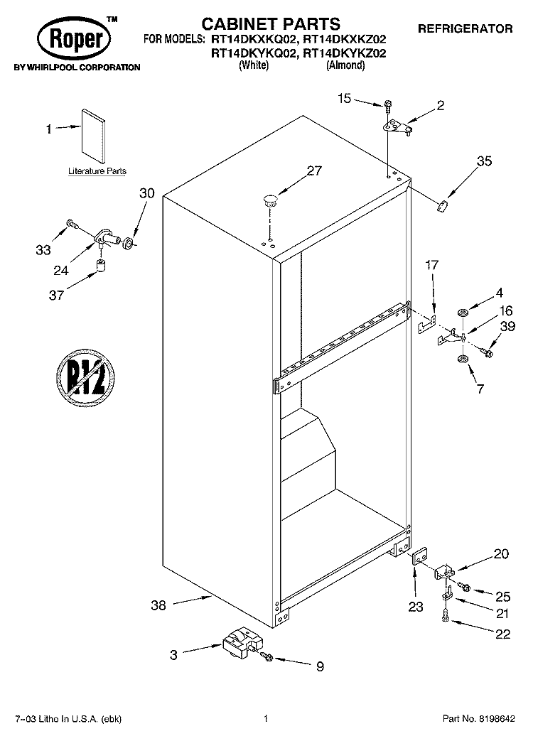 CABINET PARTS Diagram and Parts List for RT14DKXKZ02  Roper Refrigerator