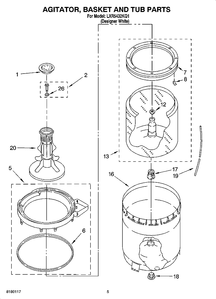 AGITATOR, BASKET AND TUB PARTS Diagram and Parts List for LXR5432KQ1  Whirlpool Washer